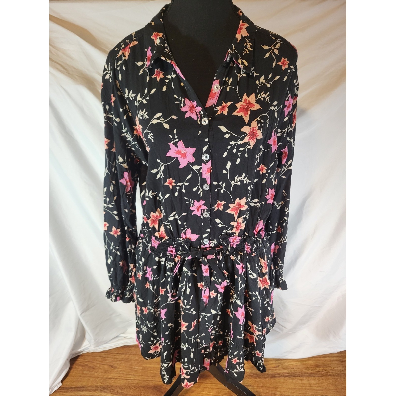 Free People Large Lighten Up Floral Mini Dress Button Up Long Sleeve Boho Black